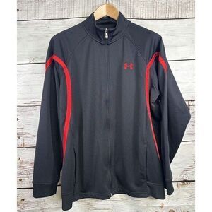 Under Armour Men's Large Loose Fit Full Zip Jacket Black Red‎ Pockets Activewear